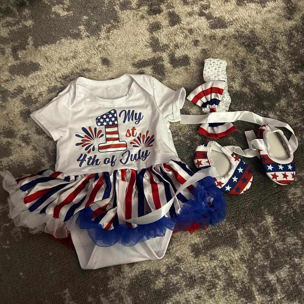 Baby Girl "MY 1st 4th of July" Onesie Tutu Shoes & Headband 0-3 Months (NEW)